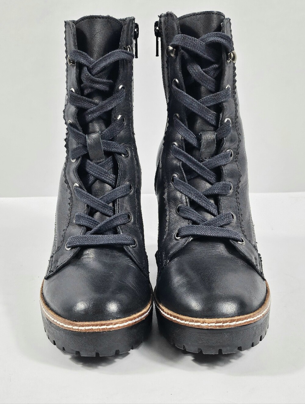 Chelsea & Violet Lexie Black Leather Lace-Up Block Heel Lug Sole Ankle Boot - Picture 3 of 16